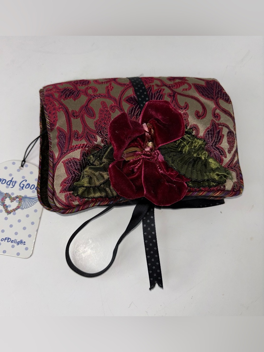 Goody Goody California Travel Jewelry Roll Organizer Embroidered Floral Velvet